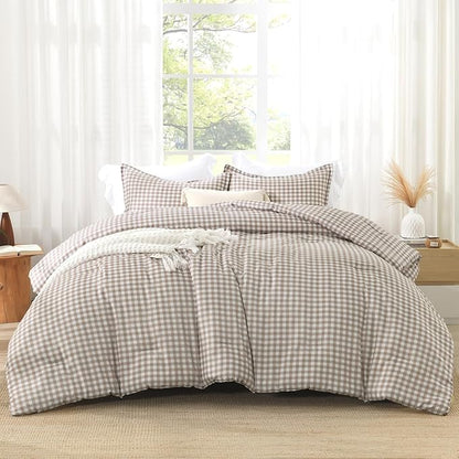 Andency Tan Gingham Comforter Set Queen(90x90Inch), Brown Checkered Grid Plaid Buffalo Bed Set for Girls Boys Kids Teens, 3 Pieces Lightweight Polyester Geometric Preppy Bedding