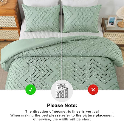 Andency Sage Green Comforter Full, Boho Soft Fluffy Warm Lightweight Bedding Comforter Sets for Full Bed, 3 Pieces Light Green Chevron Tufted Aesthetic Microfiber Lightweight Comforter Set