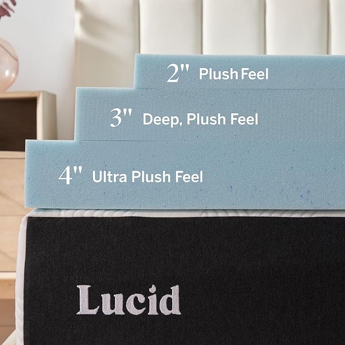 Lucid 2 Inch Memory Foam Mattress Topper, Twin XL Size – Cooling Gel Bed Topper – Pressure-Relieving Plush Feel – Ventilated Breathable Design – CertiPur Certified - Dorm Essentials