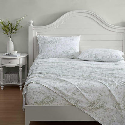 Laura Ashley - Full Sheets, Cotton Percale Bedding Set, Lightweight & Breathable Home Decor (Toile Delight Green, Full)