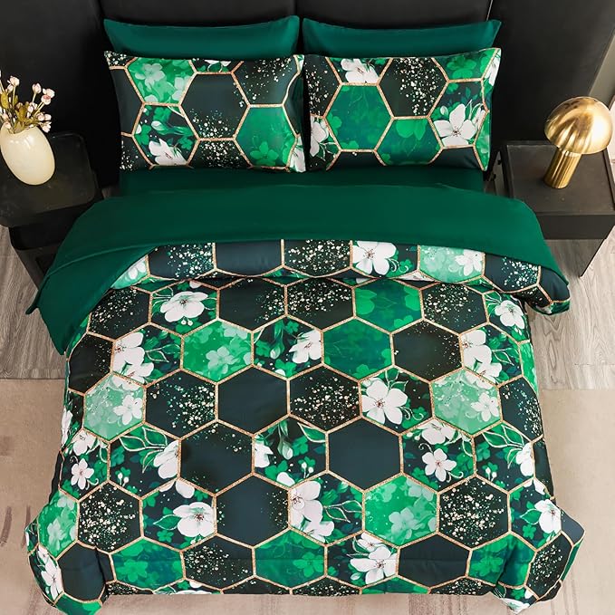 ANGIYUIN Green Marble California King Size Comforter Sets White Flowers Bedding Sets 7Pcs Gold Honeycomb Bed in A Bag for Women Men Luxury Farmhouse Bed Comforter Sets for All Season