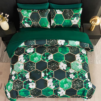 ANGIYUIN Green Marble California King Size Comforter Sets White Flowers Bedding Sets 7Pcs Gold Honeycomb Bed in A Bag for Women Men Luxury Farmhouse Bed Comforter Sets for All Season