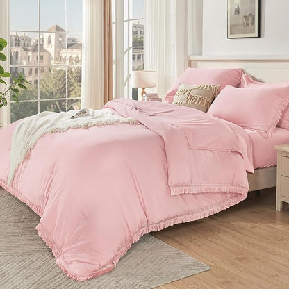 Andency Full Size Comforter Set Light Pink -7 Pieces Boho Tassel Bed in a Bag Soft Lightweight Bedding Sets, Fringe All Season Bed Set with Comforter, Sheets, Pillowcases & Shams