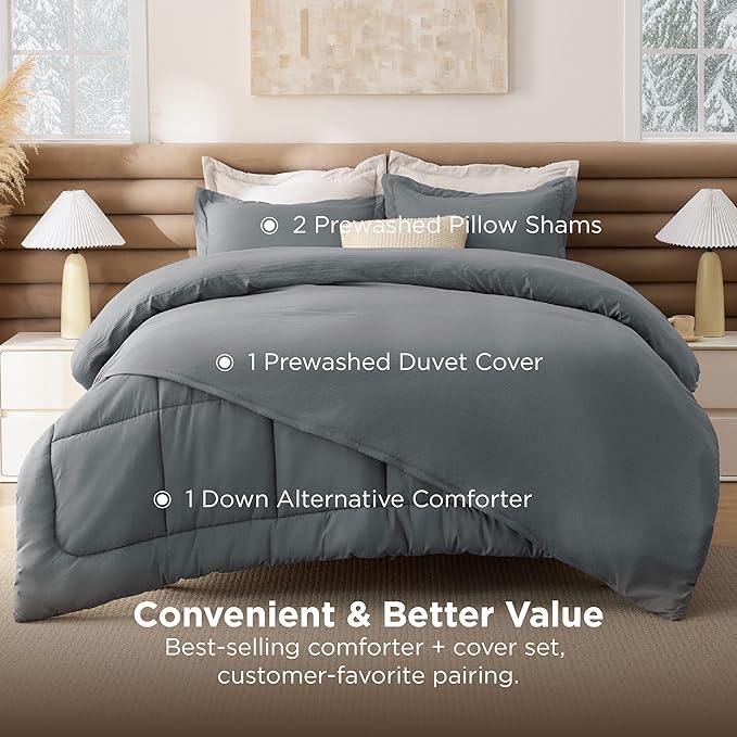 Bedsure Removable Cover with Comforter Duvet Insert Full - 4 Pieces Dark Gray Prewashed Soft Bedding Set for All Seasons Use, Includes 1 Duvet Cover, 1 Comforter, 2 Pillow Shams