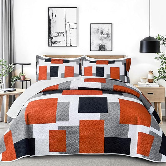 3 Piece Orange Grey Quilt Set King Size Black White Gray Geometric Reversible Bedding Set Microfiber Lightweight Bedspread Coverlet with 2 Shams Modern Bed Covers for All Season, 106''x96''