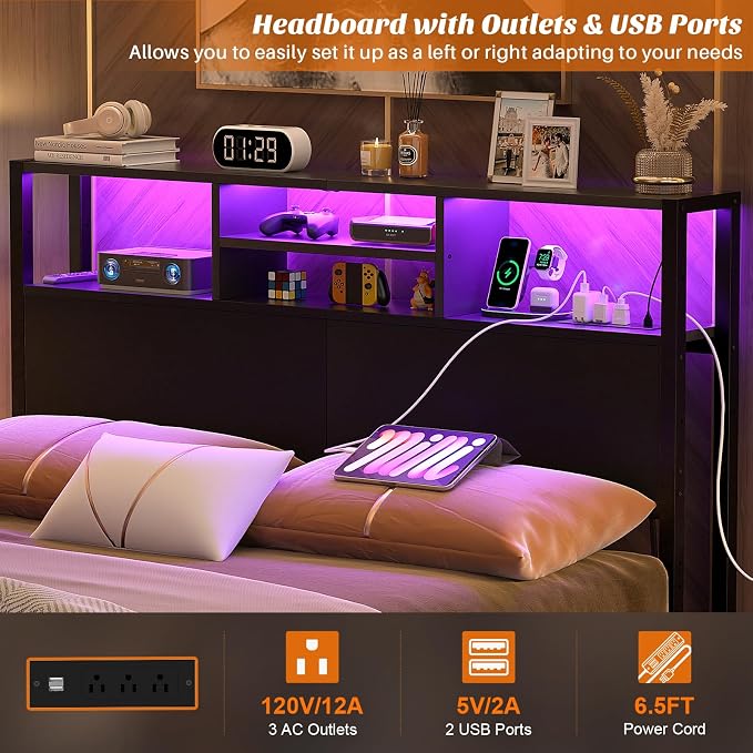 Aheaplus Headboard for Full Size Bed with Storage, Headboards with Outlets | Full Size Head Board Only, with USB Ports and LED Light, Height Adjustable, Reversible, Sturdy & Stable Headboard, Black