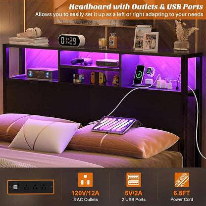 Aheaplus Headboard for Full Size Bed with Storage, Headboards with Outlets | Full Size Head Board Only, with USB Ports and LED Light, Height Adjustable, Reversible, Sturdy & Stable Headboard, Black