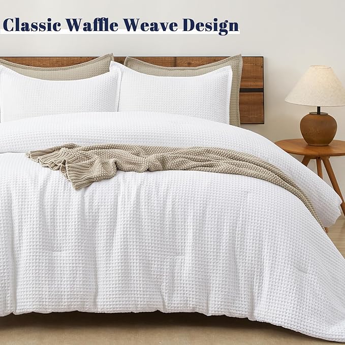 PHF Ultra Soft Waffle Weave Comforter Set California King Size, 3 Pieces Lightweight Breathable Comfy Bedding Set, Comfy Textured 1 Comforter with 2 Pillow Shams, White