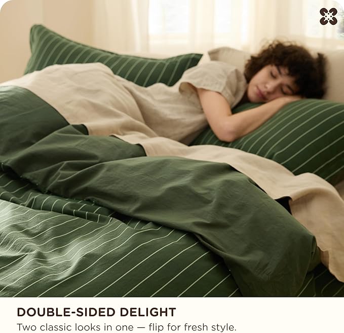 Bedsure Striped Duvet Cover Queen Size, 100% Washed Cotton PureWoven Duvet Cover Linen Like Textured, Classic Striped Pattern Enhances Bedroom Comfort and Style, Stripes Olive Green, 90"x90"