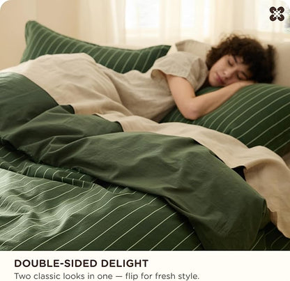Bedsure Striped Duvet Cover Queen Size, 100% Washed Cotton PureWoven Duvet Cover Linen Like Textured, Classic Striped Pattern Enhances Bedroom Comfort and Style, Stripes Olive Green, 90"x90"