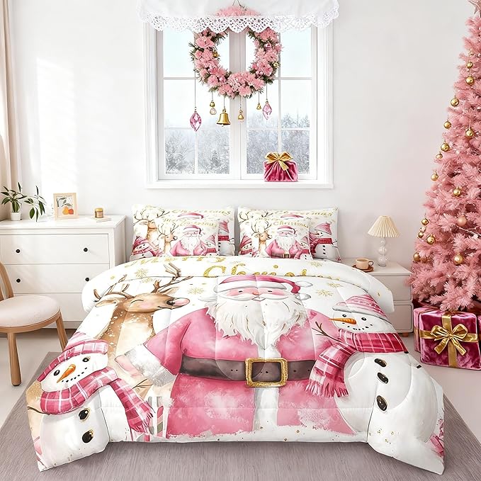 Castle Fairy Cute Santa Claus 7 Pieces Bedding Set Full Bed in a Bag,Winter Snowman Deer Watercolor Christmas Theme Comforter Set,Geometric Snowflakes Gold Print Soft Warm Microfiber Bedding
