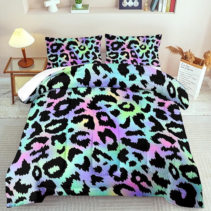 Rainbow Leopard Print Comforter Set Full Girls Colorful Cheetah Comforter Full Animal Leopard Print Bedding Set Women Purple Cheetah Bedding Quilt Bedroom Decor