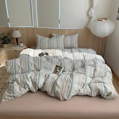 HighBuy Striped Comforter Set Twin XL - 100% Washed Cotton Grey Green Stripes Comforter with 2 Pillowcases,Pinstripe Stripes Printed Bedding Set Fluffy Soft,3 Pieces Comforter Sets All Season