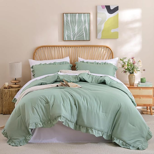 JANZAA King Size, Sage Green Comforter Set 3PCS 1 Ruffled Comforter Set and 2 Pillowcases Fluffy Vintage Farmhouse Shabby Chic Bedding Soft All Season
