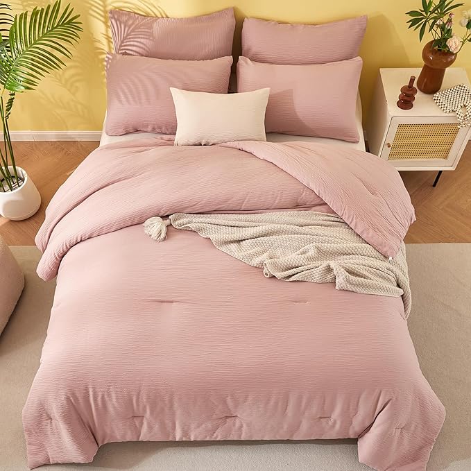 King Size Comforter Set Dusty Rose - Double-Layer Crinkle Gauze Bed Set, 3 Pieces Soft Bedding Set for All-Season, Lightweight Warmth with 2 Pillowcases