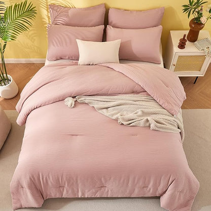 King Size Comforter Set Dusty Rose - Double-Layer Crinkle Gauze Bed Set, 3 Pieces Soft Bedding Set for All-Season, Lightweight Warmth with 2 Pillowcases