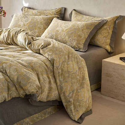 mixinni Duvet Cover Queen, Premium Cotton Double-Layer Yarn Golden Floral Jacquard Reversible Grey Comforter Cover with Edge Design, Farmhouse Bedding Set with 2 Pillowcases Perfect for Him and Her