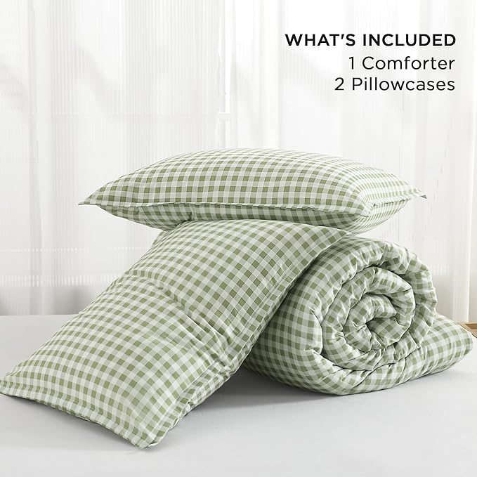 Andency Sage Gingham Comforter Set Full(79x90Inch), Green Checkered Grid Plaid Buffalo Bed Set for Girls Boys Kids Teens, 3 Pieces Lightweight Polyester Geometric Preppy Bedding