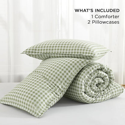 Andency Sage Checkered Comforter King(104x90Inch), Plaid Gingham Buffalo Grid Bedding Comforter Sets for Boys Kids Teens, 3 Pieces Lightweight Polyester Geometric Preppy Bed Set
