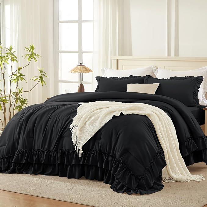 Andency Black Full Size Comforter Set(79x90Inch), 3 Pieces Fluffy Farmhouse Shabby Chic Bedding Comforter Sets, All Season Soft Lightweight Polyester Bed Set