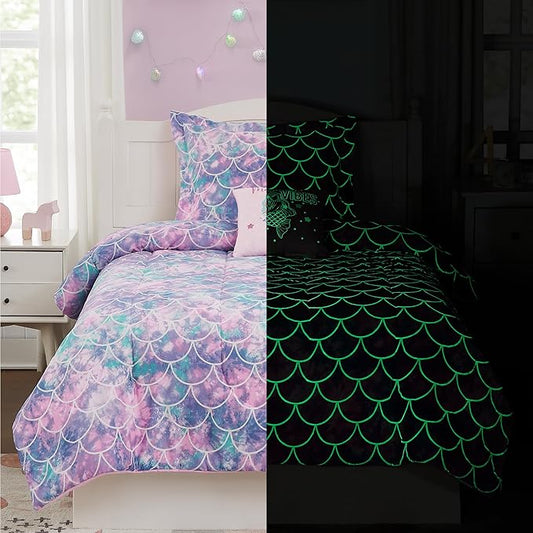 Kids Comforter Set Full Size for Girls, Glow in The Dark Mermaid Bedding Set 1 Comforter, 1 Decor Pillow, 2 Pillow Shams