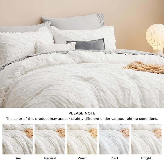 Bedsure Full Comforter Set - Ivory Comforter, Boho Tufted Shabby Chic Bedding for Kids, 3 Pieces Vintage Farmhouse Bed Set for All Seasons, Fluffy Soft Bedding with 2 Pillow Shams