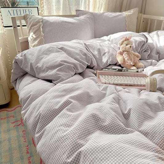 Purple Gingham XL Twin Comforter Boho Fluffy Bedding Set Plaid Cute Lightweight Down Alternative Bedding Comforter Set Microfiber Cozy Lace-Trimmed Farmhouse Comforter with 2 Pillowcases