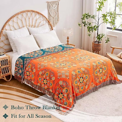 Boho Throw Blanket 100% Cotton Ultra Soft Luxury Throw Rustic Quilt 50"x60" Floral Printed Farmhouse Decor Bed Summer Blankets All Season Rustic Reversible Bohemian Throw for Bed Orange