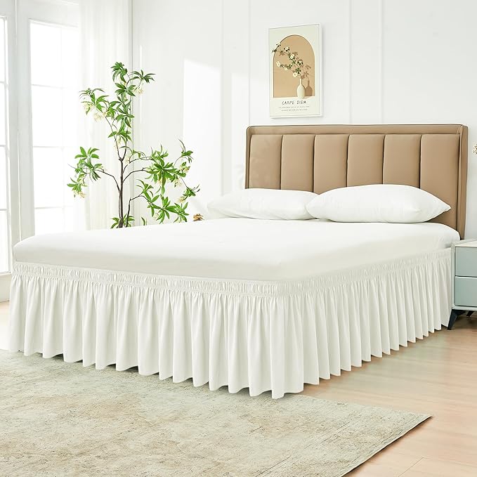 Biscaynebay Wrap Around Bed Skirts for Full & Full XL Beds 18" Long Drop, Ivory Adjustable Elastic Dust Ruffles Easy Fit Wrinkle Resistant Silky Luxurious Fabric Machine Washable