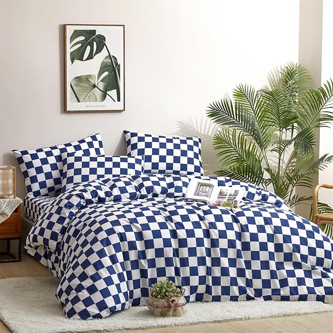 CLOTHKNOW Blue White Plaid Comforter Set Twin/Twin XL Grid Bedding Comforter Sets Royal Blue White Bed Comforter Blue Bedding Sets Soft