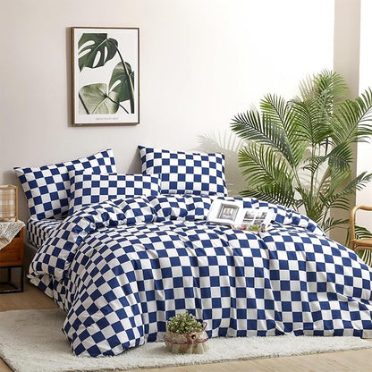CLOTHKNOW Blue White Plaid Comforter Set Twin/Twin XL Grid Bedding Comforter Sets Royal Blue White Bed Comforter Blue Bedding Sets Soft
