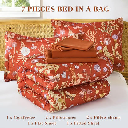Yiran Queen Comforter Set 7 Piece,Burnt Orange Floral Bedding Set, Bed in a Bag Queen Size with Botanical Flowers Spring, Soft Lightweight Terracotta Comforters with Sheets Complete for All Season