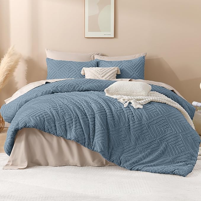 Andency Greyish Blue Comforter Oversized King Size Set 120''x98'', 3 Pieces Soft Boho Bedding Set & Collections, Tufted Fluffy Shabby Chic Bed Set for All Seasons (1 Comforter, 2 Pillowcases)