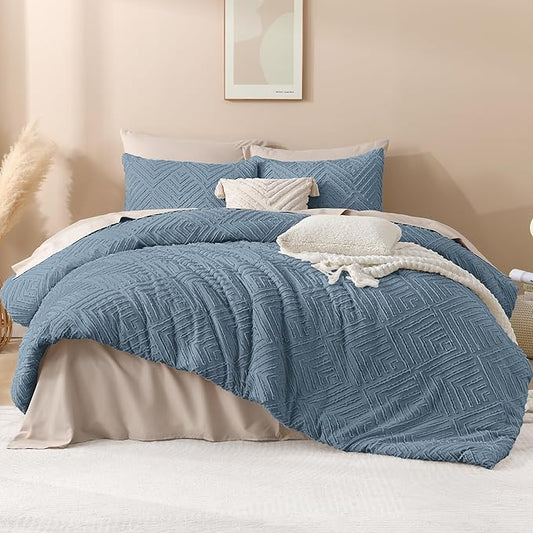 Andency Greyish Blue Comforter Oversized King Size Set 120''x98'', 3 Pieces Soft Boho Bedding Set & Collections, Tufted Fluffy Shabby Chic Bed Set for All Seasons (1 Comforter, 2 Pillowcases)