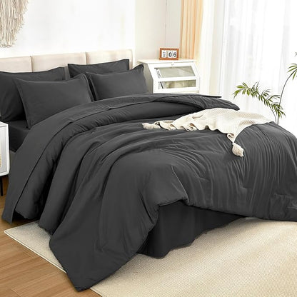 Litanika Comforter Full Size Set Dark Grey - 7 Pieces Bed in a Bag Full Bedding Comforter Sets, Plain Lightweight Bed Set with Comforter, Sheets, Pillowcases & Shams