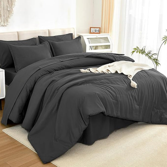 Litanika Comforter California King Size Set Dark Grey - 7 Pieces Bed in a Bag California King Bedding Comforter Sets, Plain Lightweight Bed Set with Comforter, Sheets, Pillowcases & Shams