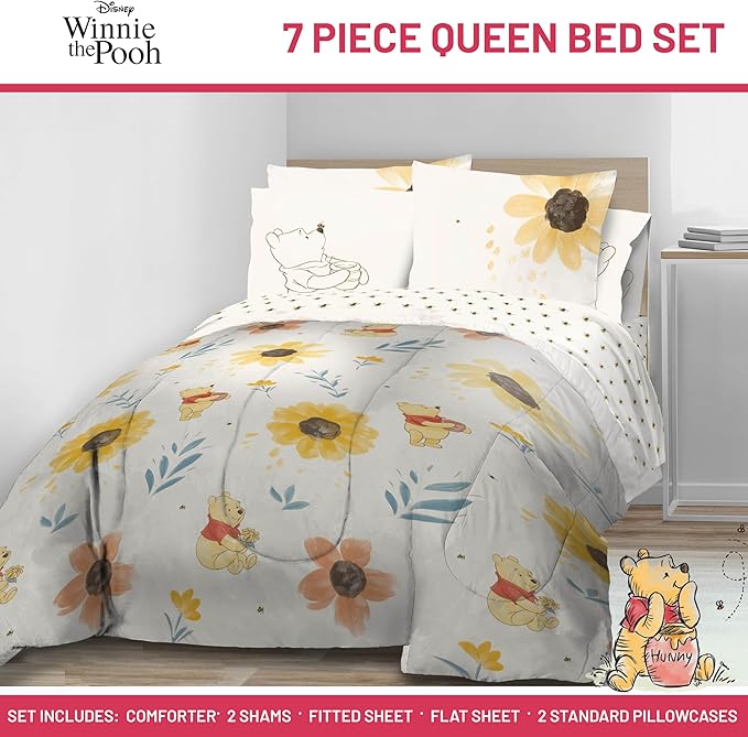 Jay Franco Disney Winnie The Pooh Queen Comforter Set - 7 Piece Bedding Includes Sheet Set & Pillow Covers - Super Soft Cozy Floral Bedding