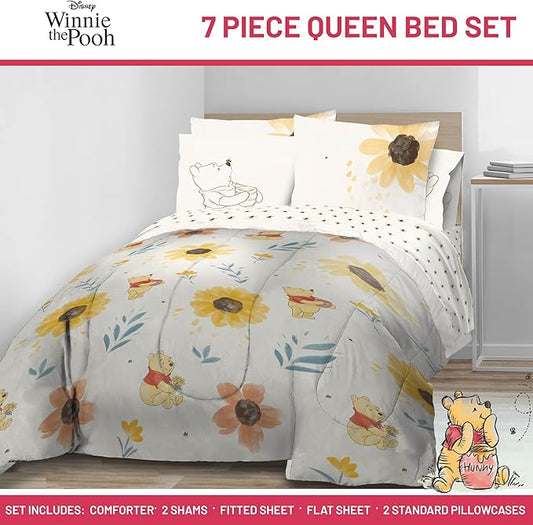 Jay Franco Disney Winnie The Pooh Queen Comforter Set - 7 Piece Bedding Includes Sheet Set & Pillow Covers - Super Soft Cozy Floral Bedding