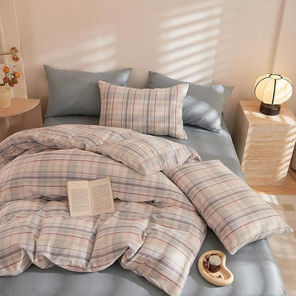 Plaid King Comforter Sets Fluffy Washed Cotton Bedding Set Down Alternative Boho Vintage Soft Bedding Comforter Sets All Season Cute Farmhouse Washable Bed Comforter with 2 Pillowcases