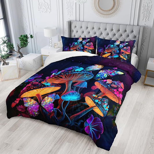 Mushroom Bedding - King Bed Comforter Set, Black & Cute Boho Mushroom Bedroom Decor