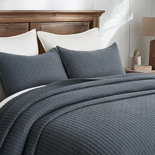 EVERGRACE Cross Stitch Pre-Washed Cotton Quilt Bedding Set Queen Size, Oversized 3 Pieces Lightweight Bedspread Coverlet for All Season, with 2 Matching Shams, Midnight Blue, 92"x96"