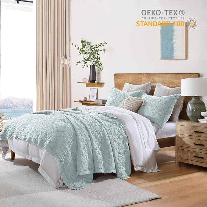 HORIMOTE HOME 100% Linen Front/100% Cotton Back Quilt Set King Size, Paleturquoise Pre-Washed European Flax Linen Quilt, Diamond Stitch Bedspread Coverlet Bedding Set 3-Piece for All Seasons