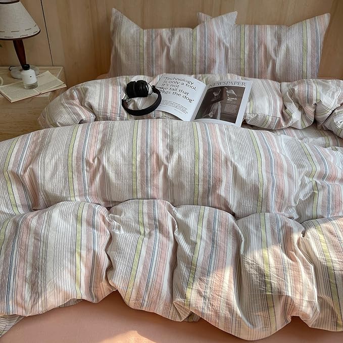 EAVD Pink Blue Yellow Striped Duvet Cover Queen Soft Washed Cotton Bedding Set 3 Pieces Pinstriped Bedding Set with 2 Pillowcases Reversible Farmhouse Geometric Pattern Duvet Cover with Zipper