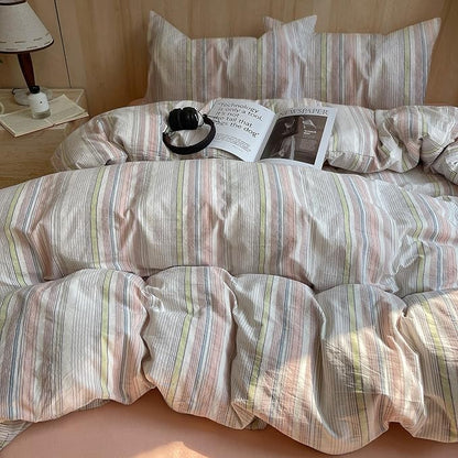 EAVD Pink Blue Yellow Striped Duvet Cover Queen Soft Washed Cotton Bedding Set 3 Pieces Pinstriped Bedding Set with 2 Pillowcases Reversible Farmhouse Geometric Pattern Duvet Cover with Zipper