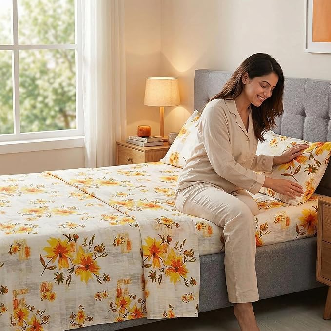 JSD Fall Floral Sheet Set Full Size, 4 Piece Yellow Printed Microfiber Bedding Sheets Extra Deep Pocket