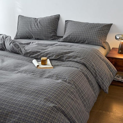 Plaid Full Size Duvet Cover Set Grey Washed Cotton Comforter Cover Full Size Patterned Soft Checkered Boho Duvet Cover Set with Hidden Zipper Vintage Cute Bedding Set Farmhouse Duvet Protector