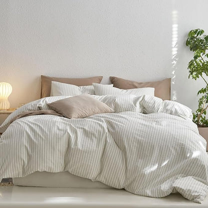 MooMee Striped Duvet Cover Set 100% Washed Cotton Linen Like Textured Breathable Durable Soft Comfy (White Sage Green Wide Stripes, Full 80"x90")