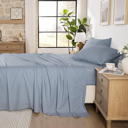 ROSE&RISY Blue Grey Sheets Queen Sheet Set, Pre-Washed Cotton-Like Brushed Microfiber, 4 Pcs Super Soft Breathable Cooling Bed Sets,Includes 1 Fitted, 1 Flat, 2 Pillowcases (Blue Grey, Queen)