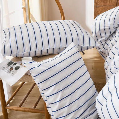 Merryword 100% Cotton Duvet Cover Set Queen Size, Blue and White Stripe Bedding Set, Soft Breathable Natural Cotton Duvet Cover with Pillowcases, Modern Coastal Style Bedding Set for All Seasons