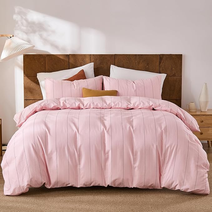 Merryword Pink Striped Duvet Cover Set King Size - 100% Cotton Bedding Set with Wide Zipper & 8 Corner Ties, Soft Breathable Bedding Set Elegant Pastel Comforter Cover for All Seasons